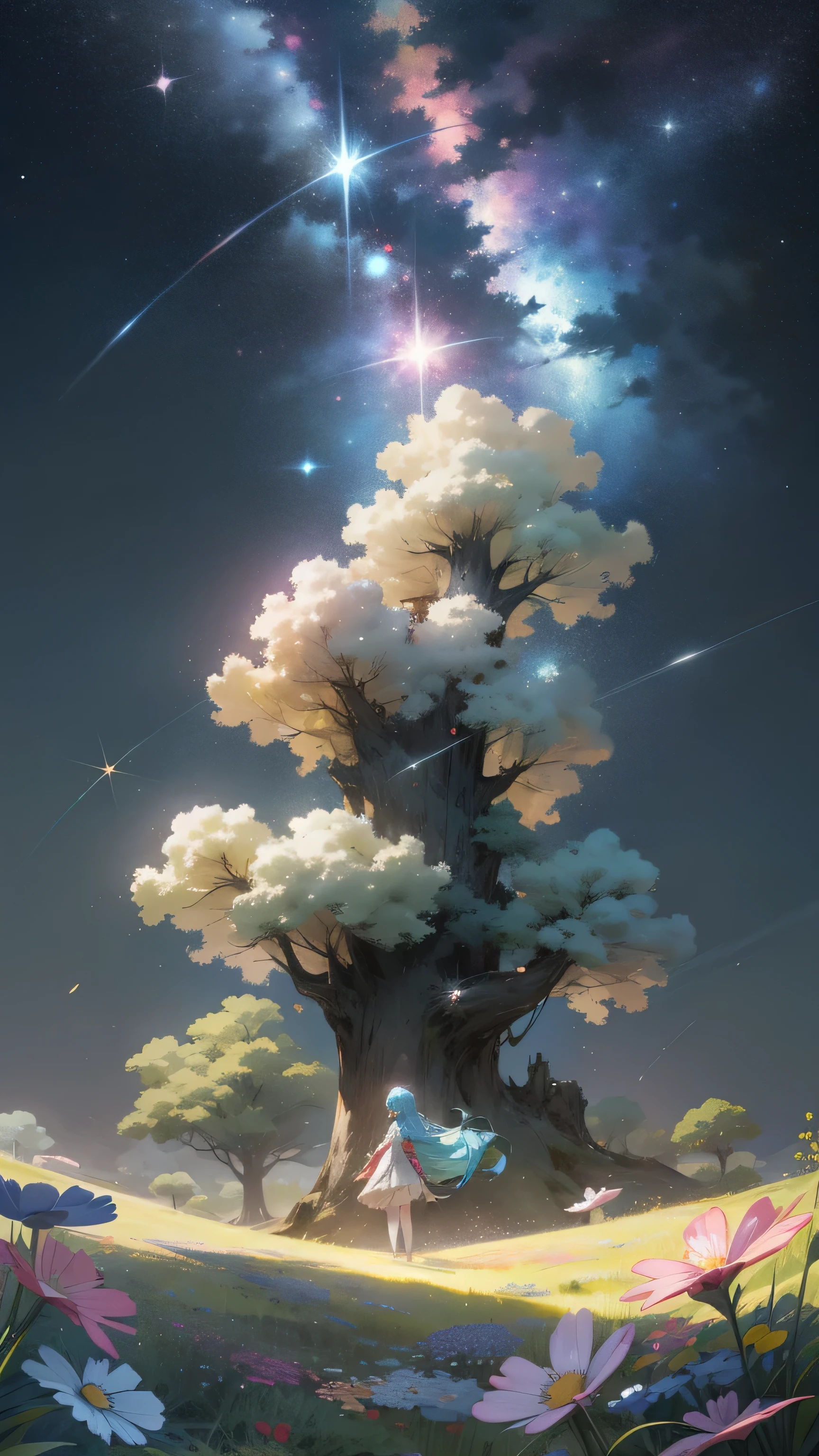 Viral anime nature wallpaper in 4K quality, in the style of Pixar 3D inspired by Toy Story, showcasing a lush meadow filled with colorful wildflowers, a clear blue sky with fluffy clouds, and a single majestic tree standing in the middle; bright and cheerful color temperature, cosmos lighting with stars twinkling in the sky, no human characters, the atmosphere is whimsical and joyful --v 5 --stylize 1000