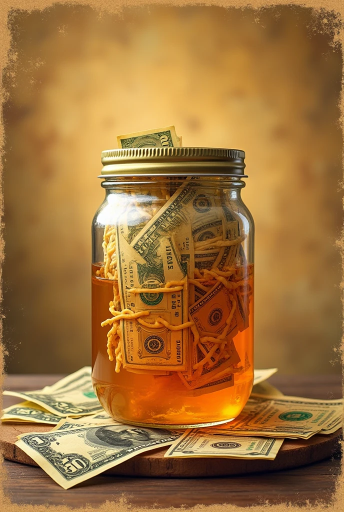 An advertising poster made in the 50s with a retro aesthetic Containing a jar of honey with several dollar bills inside, mixed with honey