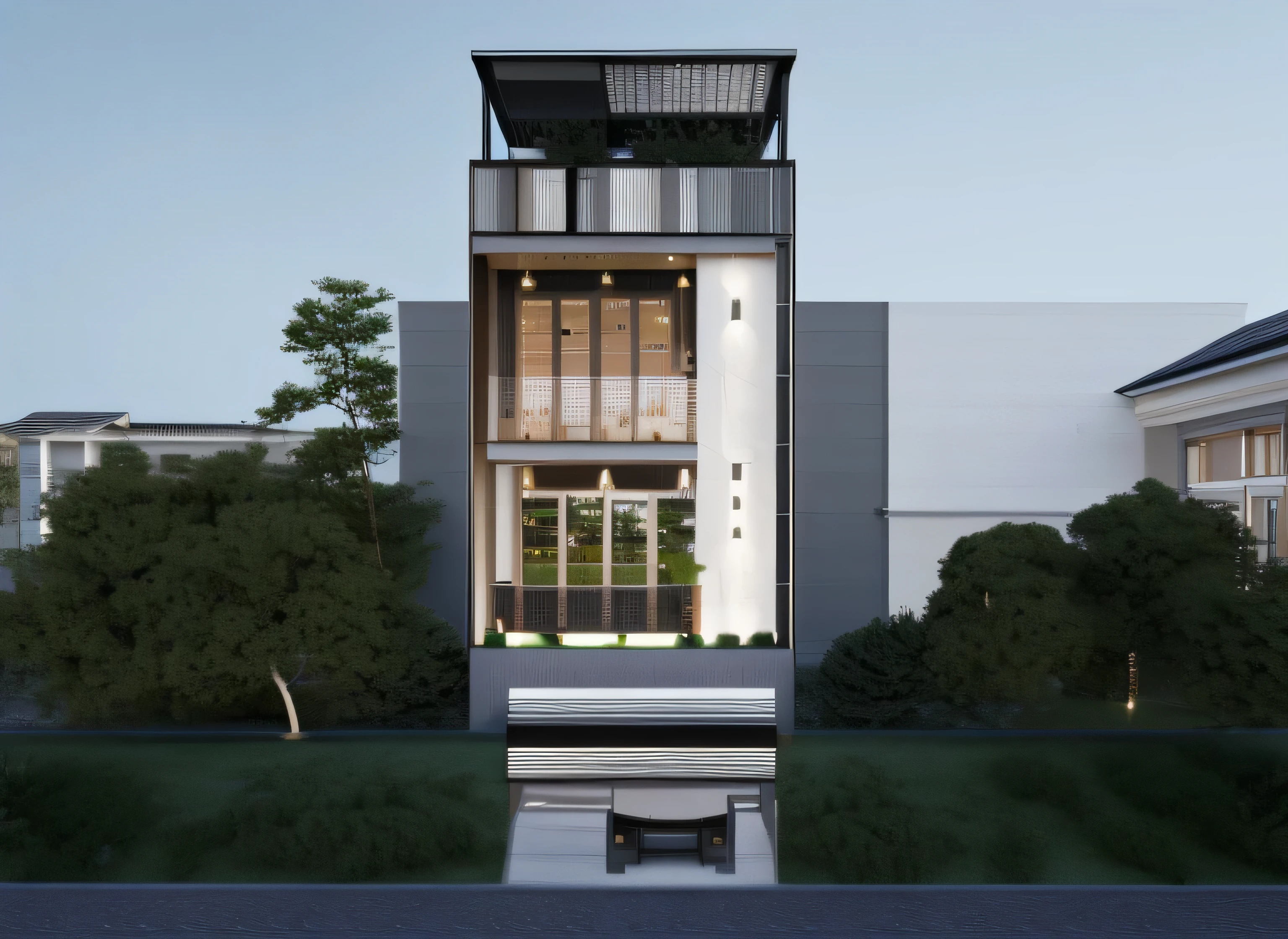 house, tree, rock, light strong, glass, steel