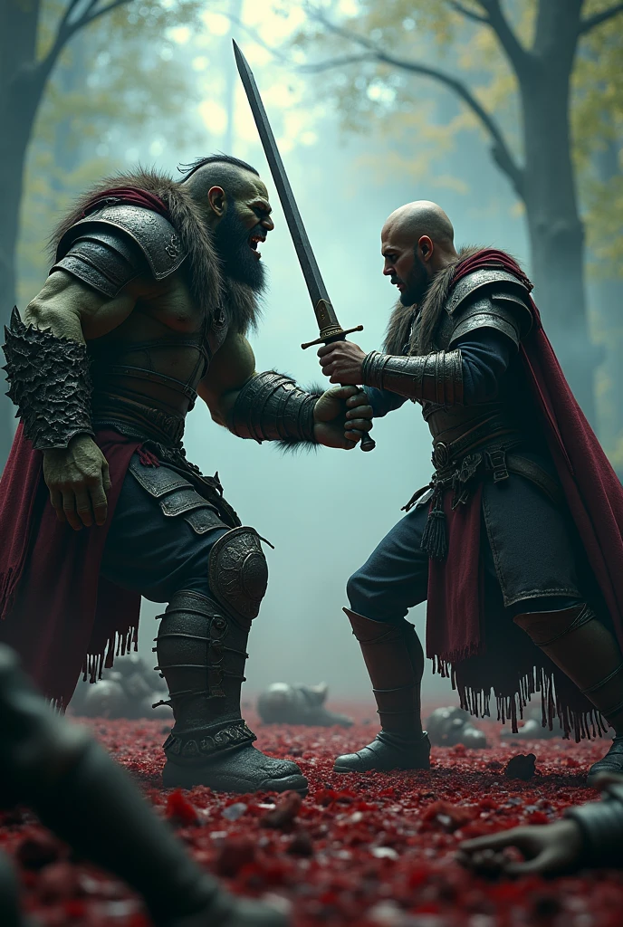 a orc warrior fighting a human king in a decisive duel in a bloody forest at dusk, fallen orc and human soldiers on the ground, dramatic lighting, cinematic, dark fantasy, ultra detailed, 8k, hyper realistic, masterpiece, cinematic lighting, dramatic atmosphere, volumetric fog, dynamic poses, intricate armor details, gritty textures, vivid colors, chiaroscuro, dramatic shadows