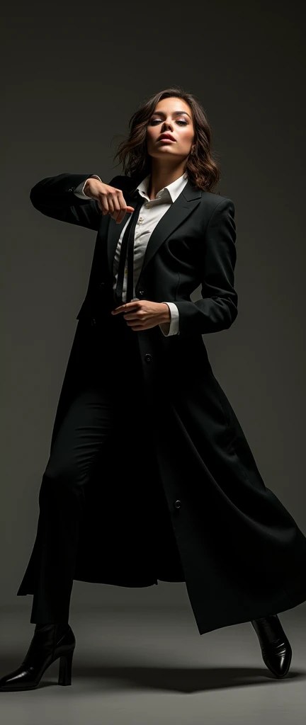 a tanned female, gesturing a long trench coat black suit, white shirt underneath, tie, Melbourne shuffle jumping shuffling footwork expressive pose, dynamic composition, photorealistic, 8k, hyper detailed, studio lighting, highly detailed face and eyes, intricate details, chiaroscuro lighting, dramatic lighting, moody atmosphere, cinematic,