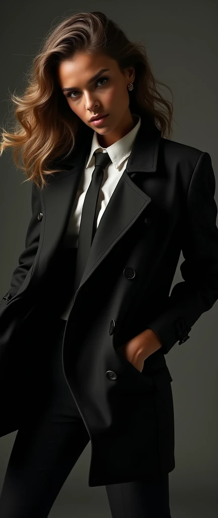 a tanned female, gesturing a long trench coat black suit, white shirt underneath, tie, Melbourne shuffle jumping shuffling footwork expressive pose, dynamic composition, photorealistic, 8k, hyper detailed, studio lighting, highly detailed face and eyes, intricate details, chiaroscuro lighting, dramatic lighting, moody atmosphere, cinematic,