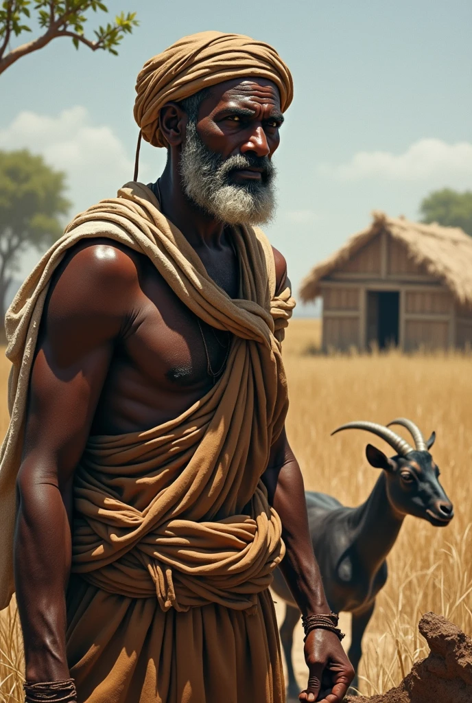 रामू का कठिन जीवन: रामू की झोपड़ी के बाहर खेती करते हुए या बकरी की देखभाल करते हुए। उसकी आंखों में संघर्ष और मेहनत की झलक।