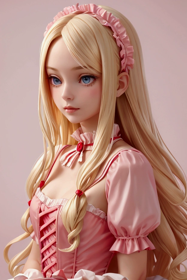 a delicately charming woman, long blond hair,  modern dress in red, pink ruffles . the background is simple and white