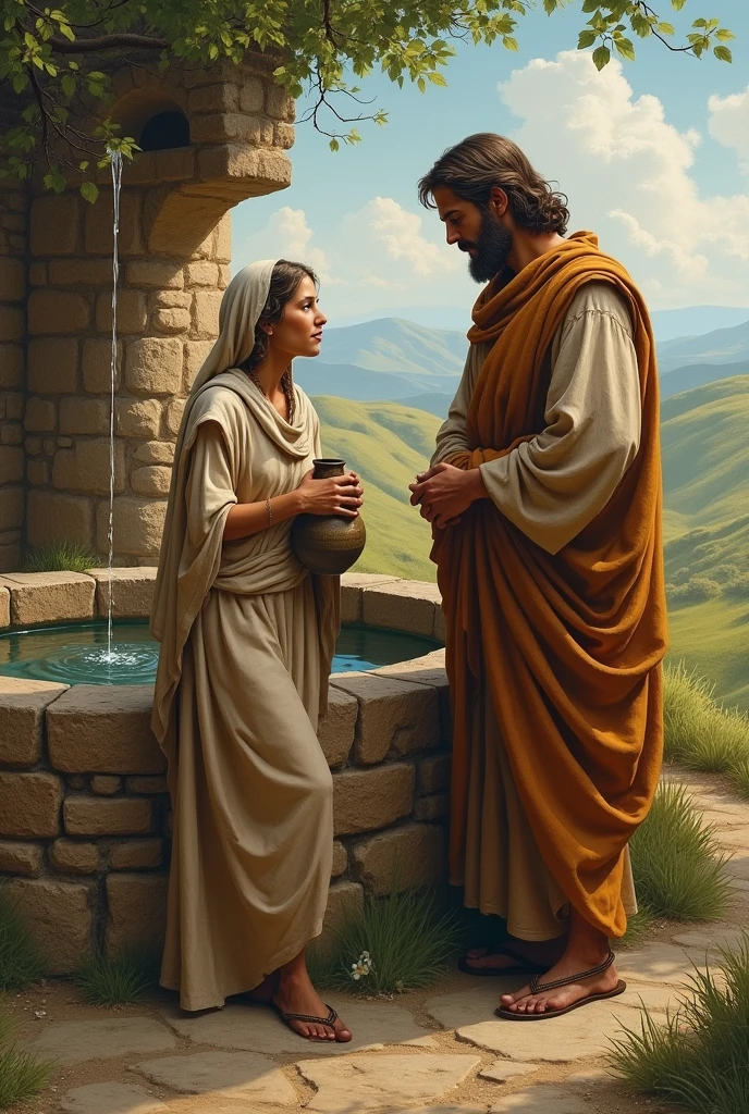 Jesus and the Samaritan woman with a bucket meeting at the old well