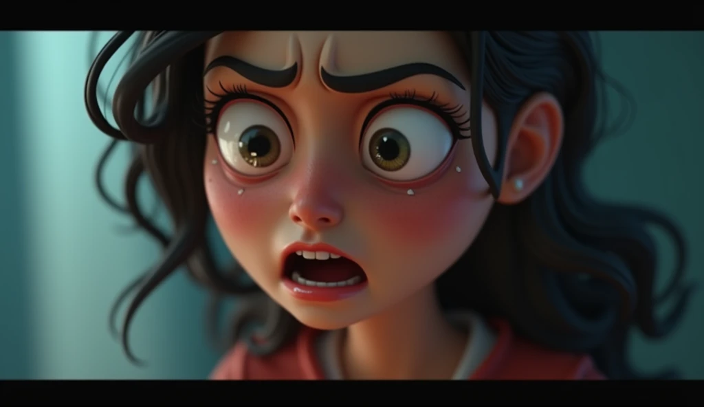 Generate in cinematic 3d cartoon style A close-up of the mother's face, showing her intense emotion and desperation.