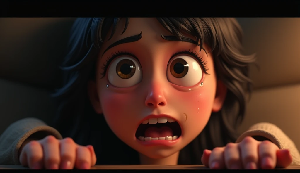Generate in cinematic 3d cartoon style A close-up of the mother's face, showing her intense emotion and desperation.