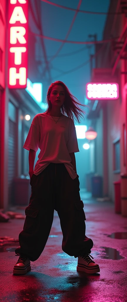 1990s , 1 dynamic female, 90s streetstyle hiphop fashion, baggy thick edgy loose clothing, Melbourne shuffle jumping shuffling footwork , expressive pose, urban allyway environment, neon lights, cinematic lighting,, extremely detailed, photorealistic, 8k, film grain, dynamic composition, high quality, masterpiece