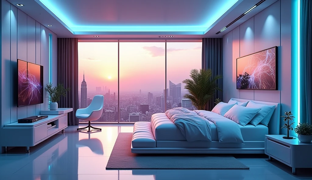 futuristic rich billionaire modern room, futuristic rich billionaire modern LED white lights, futuristic rich billionaire modern bedroom, realistic view, realistic sky, sun reflection, uncommon and unique, realistic shadow, realistic shader, dynamic lighting, modern white LED lights, master bedroom, king size bed, big room and big window, gaming computer setup with neon lights, corner view, big length, big, Air-condition AC, big room, large room and big size bed, real life, sunset, pump tree, futuristic modern city, white room, blue and white lights and flowers,