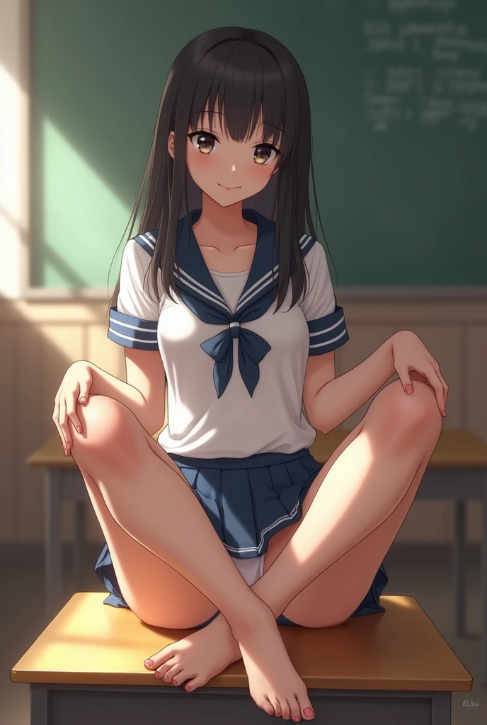 Beautiful Asian girl with straight hair High School Uniform Sit on a desk and put your legs on the table Raise your legs and spread them in an M shape Showing off white underwear Short skirt smile M-shaped legs