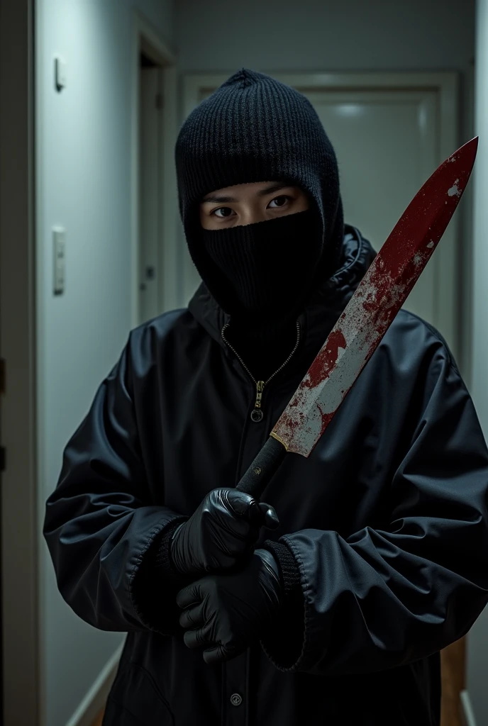 korean girl, (holding knife, black balaclava mask), stabbing, black leather gloves, entrance of the house, black raincoat, girl only, bloody knife, leather gloves, looking at viewer, blood splatter, night, mass murderer, killer, blood splatter,