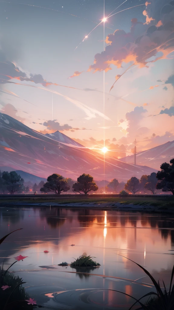 Viral anime nature wallpaper in 4K quality, in the style of photography with a 35mm lens inspired by Makoto Shinkai, capturing a breathtaking sunset over a tranquil lake, the sky painted in hues of orange and pink, with a silhouette of mountains in the background; warm and serene color temperature, cosmos lighting with stars twinkling in the sky, no human characters, the atmosphere is peaceful and reflective --v 5 --stylize 1000