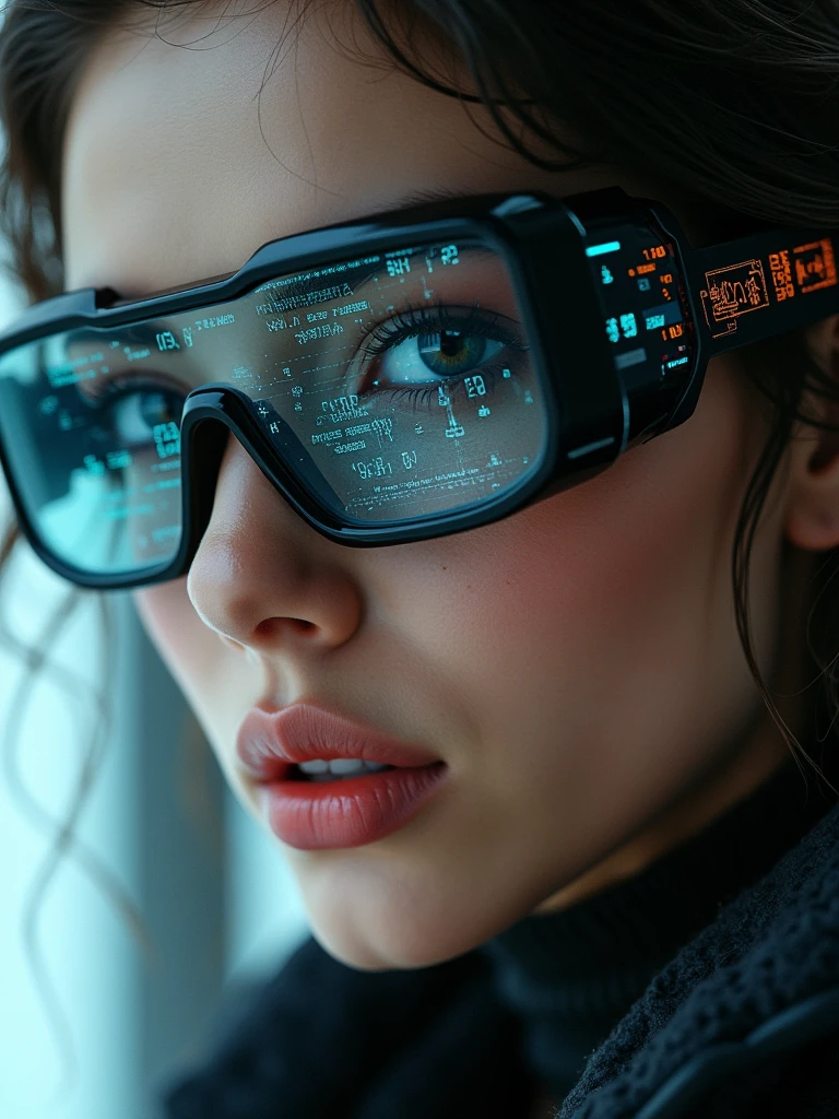 A beautiful woman with attention to detail, wearing (futuristic cyber glasses) with displayed data, (((text: "PIVARTS":)1.37), standing and looking at the camera, with a close-up of her detailed face and shiny lips, in a realistic art style with a cinematic experience, high resolution and 3D effect. ((More detail, enhanced, poakl)).