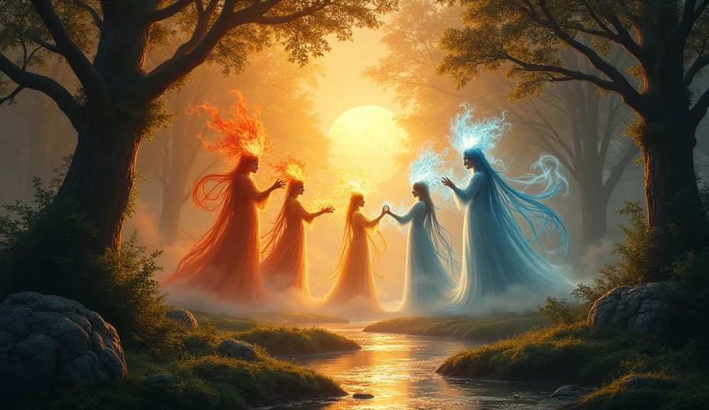 land, fire, water, air and ether interconnecting in the forest background at sunset, convey depth