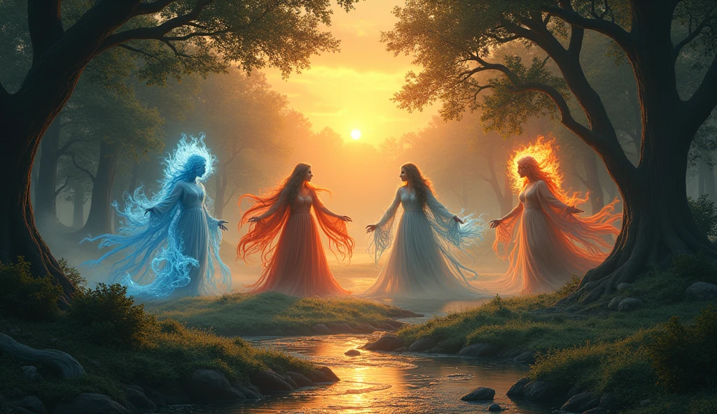 land, fire, water, air and ether interconnecting in the forest background at sunset, convey depth