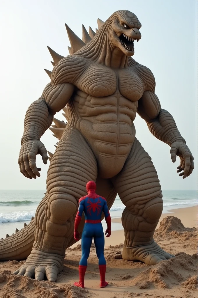 Spiderman makes the statue of big 
godzilla with sand on beach 