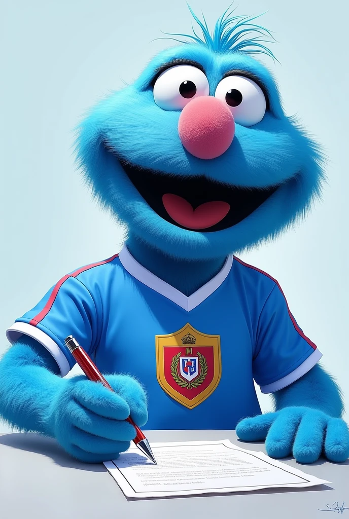 pancho contreras, Sesame Street character painted in light blue, with a soccer jersey that has the shield of the Peruvian club UNIVERSITARIO DE DEPORTES signing a contract

