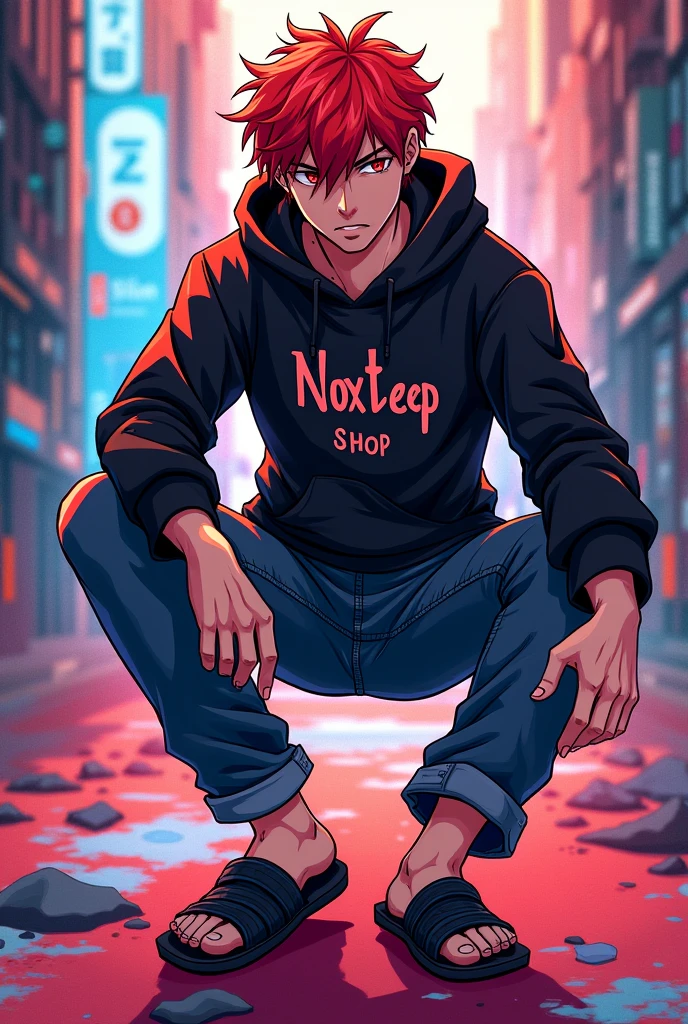 I want to add a cover for selling an iD or a game code. The anime style is a red-haired man wearing a black hoodie, jeans, and slippers. It must have the word NOXTEEP SHOP.