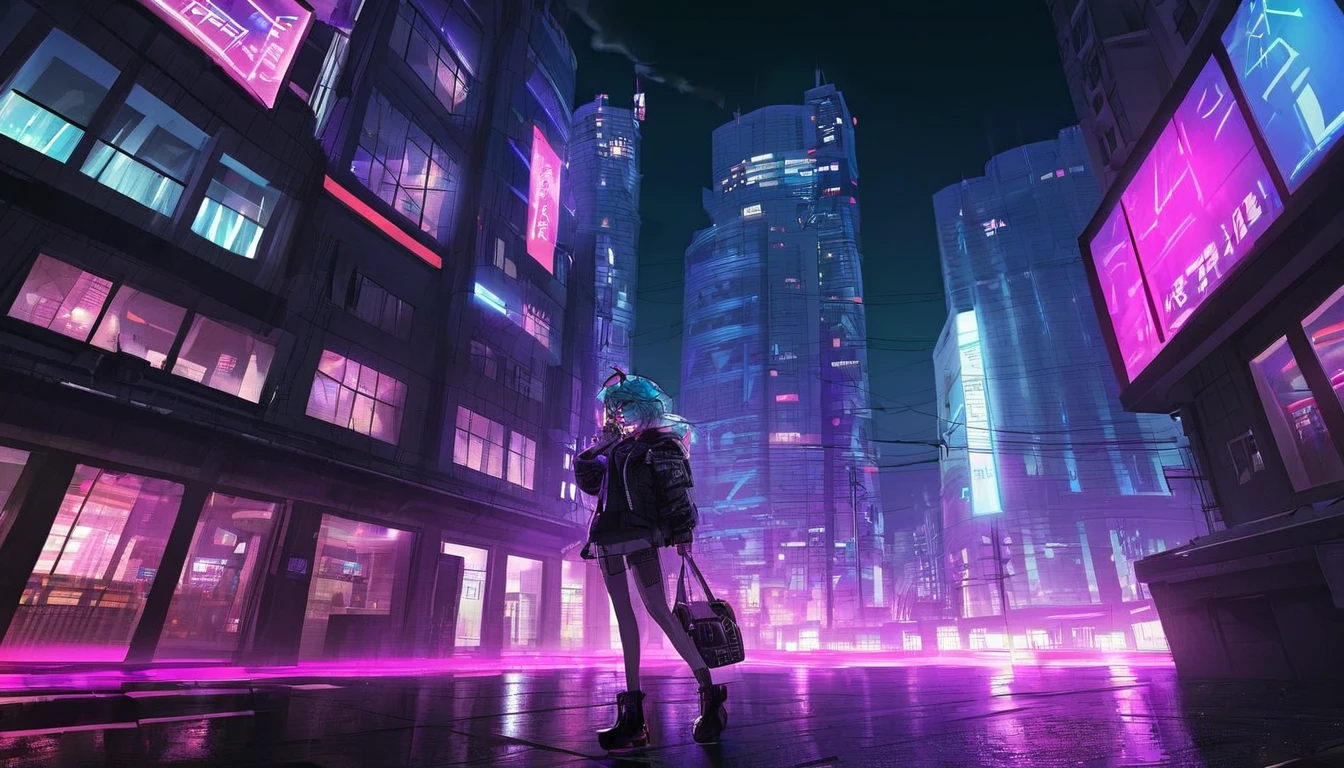 1 girl, in neon cyberpunk building, synthwave, furina with hookah, neon smoke, night.