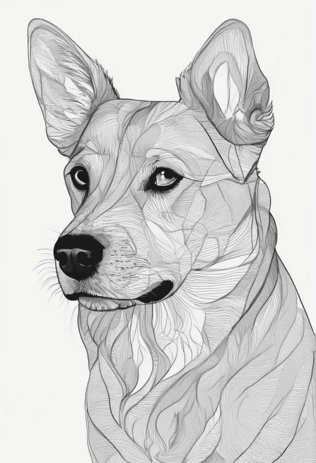 Close-up of a dog with a black and white drawing on a white background, portrait of animal, Line drawing illustration, beautiful dog head, very detailed face and ears, portrait of dog, Vector line drawing, highly detailed animal, Highly detailed portrait, Highly detailed portrait, Realistic line drawings, Animal Paintings, Highly detailed portrait, Complex line drawing