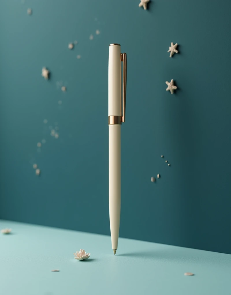 Thin pen, cream-colored, a little darker on a dark cyan background with a paper texture, MOCKUP
