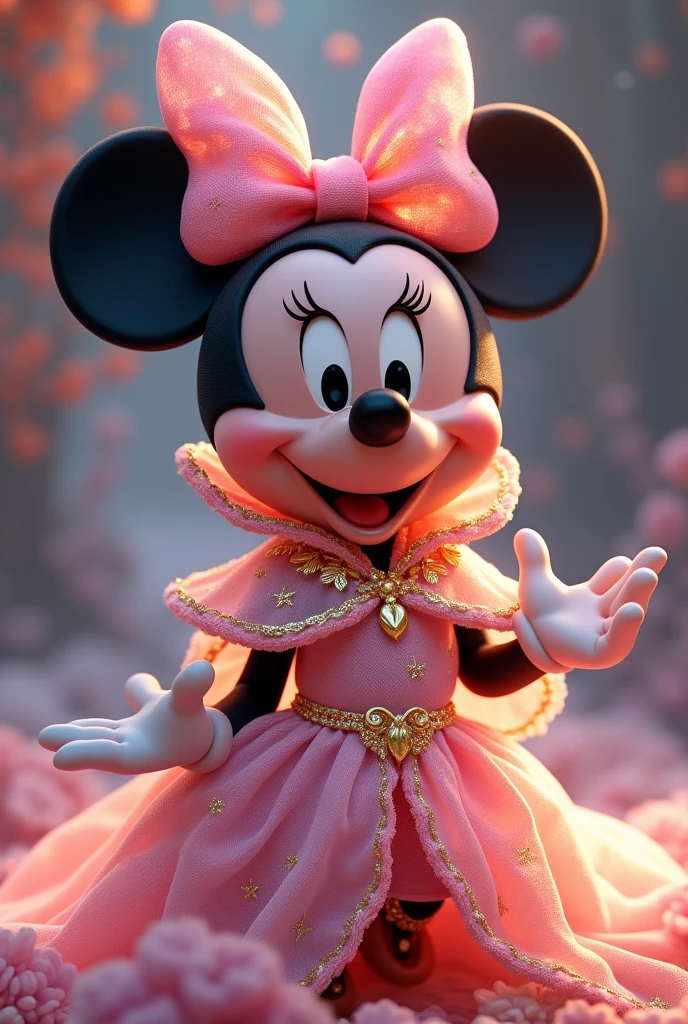 Create an image of baby Minnie Mouse wearing an elaborate fantasy-themed costume. Her ears should have a night sky design with gold stars and swirling patterns on a light pink background.. Minnie's face should have her classic happy expression with bright eyes, round nose and a wide smile. Your clothing should resemble your real appearance., Predominantly pink with intricate shiny gold embellishments. The costume should feature rich and heavenly patterns., with a high collar and a luxurious cape draping behind it. The overall aesthetic should be magical and majestic., making baby Minnie look like a character from a fantasy kingdom.
