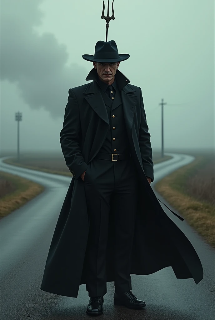 Windy man in black suit , black hat with a trident on smoking cigar At the crossroads