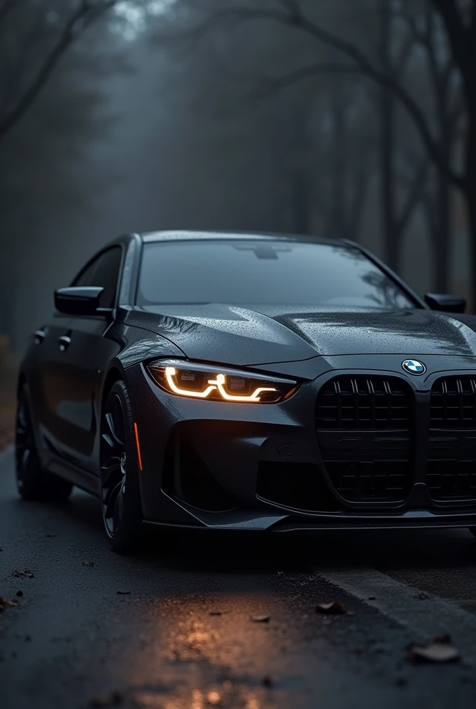 "A detailed image of a black BMW M3 with its headlights on, showcasing its aggressive grille and sleek lines, with a moody atmosphere