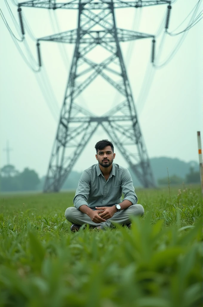 This is a photograph of a man seated on the grass with a power line tower in the background.