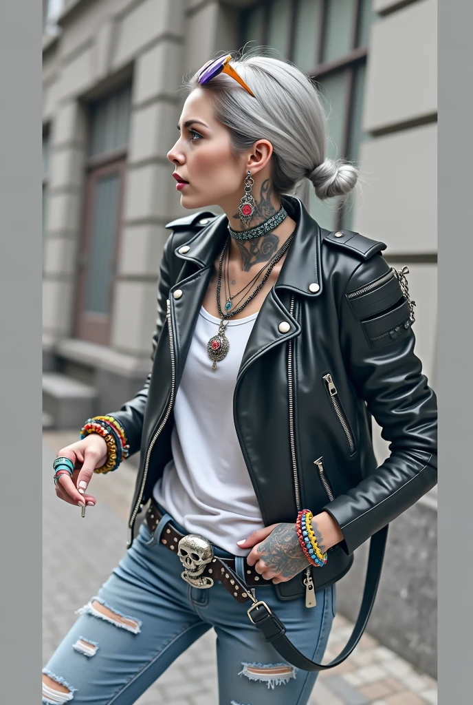russian milf woman, grey hair (bun) and wide colourful maxi sunglasses as headband. Very light blue eyes, extremely pale. Wearing studded cropped black moto jacket with lots of zippers and pins, cropped black t-shirt with winged skull and gothic lettering , dark skinny blue jeans with holes and rags. Lots of colourful thick wide bracelets, colourful collars and colourful rings. Tacky wide studded leather belt with oversized skull and bones buckle. Long bohemian earrings with feathers. Standing up, humble facial expression. Hands in pockets, showing off bracelets and rings. Chains around belt.. Listening in amazement to somebody speaking to her, toned six pack abdominals, thin neck, slim legs and thin arms. Tattoed heavily. Huge black leather tote bag