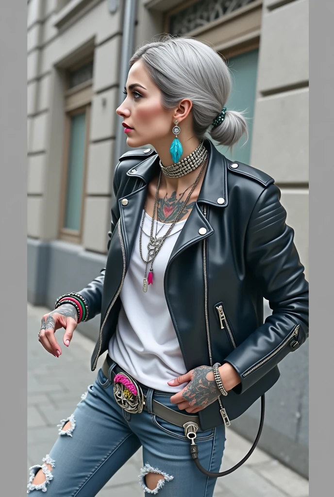 russian milf woman, grey hair (bun) and wide colourful maxi sunglasses as headband. Very light blue eyes, extremely pale. Wearing studded cropped black moto jacket with lots of zippers and pins, cropped black t-shirt with winged skull and gothic lettering , dark skinny blue jeans with holes and rags. Lots of colourful thick wide bracelets, colourful collars and colourful rings. Tacky wide studded leather belt with oversized skull and bones buckle. Long bohemian earrings with feathers. Standing up, humble facial expression. Hands in pockets, showing off bracelets and rings. Chains around belt.. Listening in amazement to somebody speaking to her, toned six pack abdominals, thin neck, slim legs and thin arms. Tattoed heavily. Huge black leather tote bag