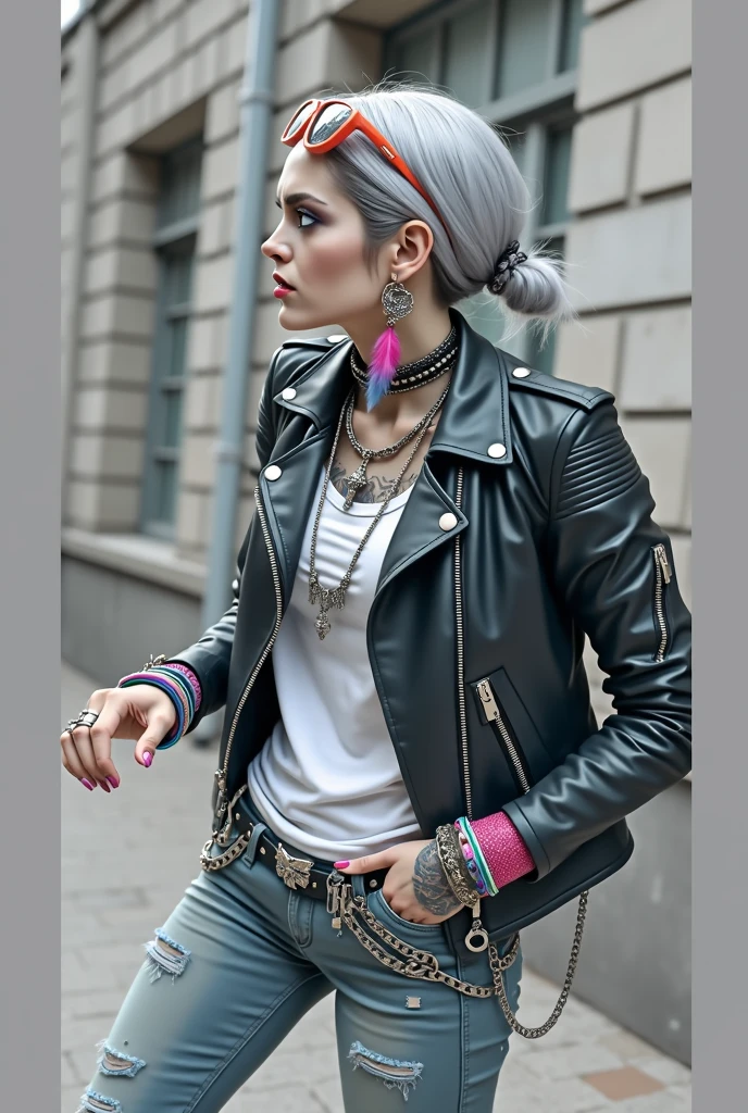 russian milf woman, grey hair (bun) and wide colourful maxi sunglasses as headband. Very light blue eyes, extremely pale. Wearing studded cropped black moto jacket with lots of zippers and pins, cropped black   t-shirt with winged skull and gothic lettering , dark skinny blue jeans with holes and rags.  Lots of colourful thick wide bracelets, colourful collars and colourful rings. Tacky wide studded leather belt with oversized skull and bones buckle. Long bohemian earrings with feathers. Standing up, humble facial expression. Hands in pockets, showing off bracelets and rings. Chains around belt.. Listening in amazement to somebody speaking to her, toned six pack abdominals, thin neck, slim legs and thin arms. Tattoed heavily.  Huge black leather tote bag 