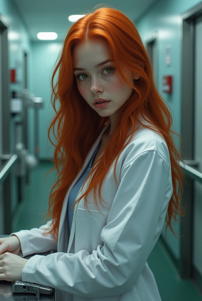 20 year old redhead woman, fair skin and golden eyes, long hair, dressed in a lab coat in a morgue