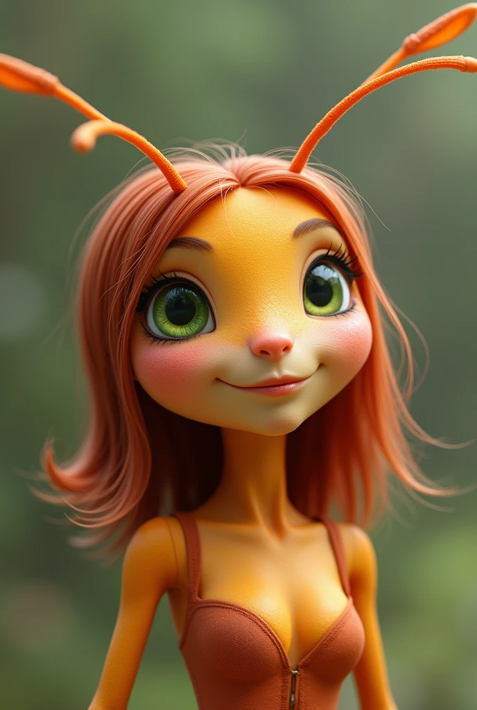 An anthropomorphized age ant, feminine, with big expressive green eyes, slightly arched eyebrows that reflect curiosity and sweetness. Her oval, symmetrical face has rosy cheeks and her skin is smooth and flawless.. Medium reddish hair frames her face, and its long, flexible antennae, your body is proportional and balanced
