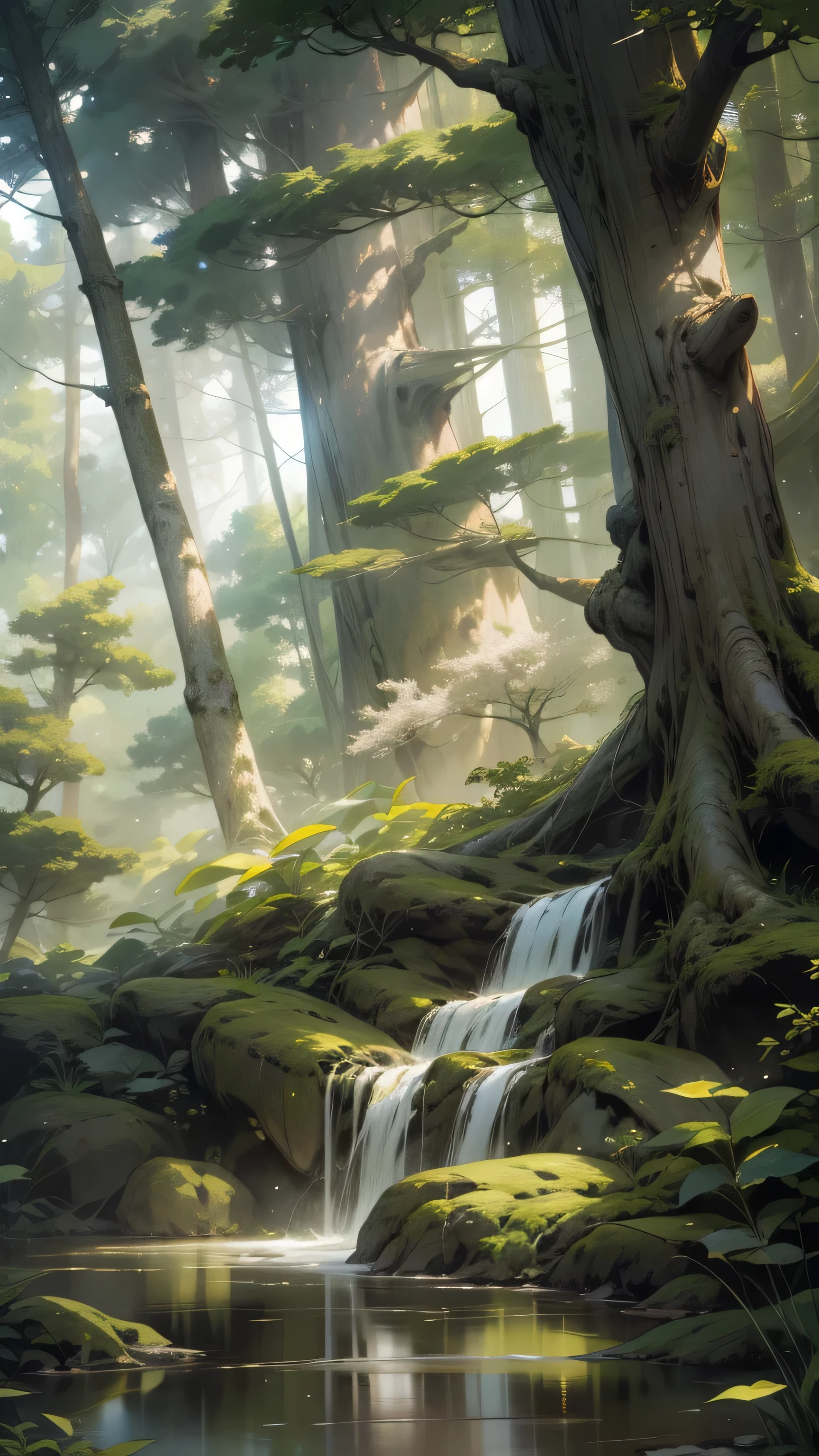 Viral anime nature wallpaper in 4K quality, in the style of digital illustration inspired by Hayao Miyazaki, featuring a serene forest with towering ancient trees, dappled sunlight filtering through the leaves, a gentle stream flowing through the scene, and mystical creatures peeking from behind the foliage; vibrant and warm color temperature, cosmos lighting with stars twinkling in the sky, no human characters, the atmosphere is tranquil and enchanting --v 5 --stylize 1000