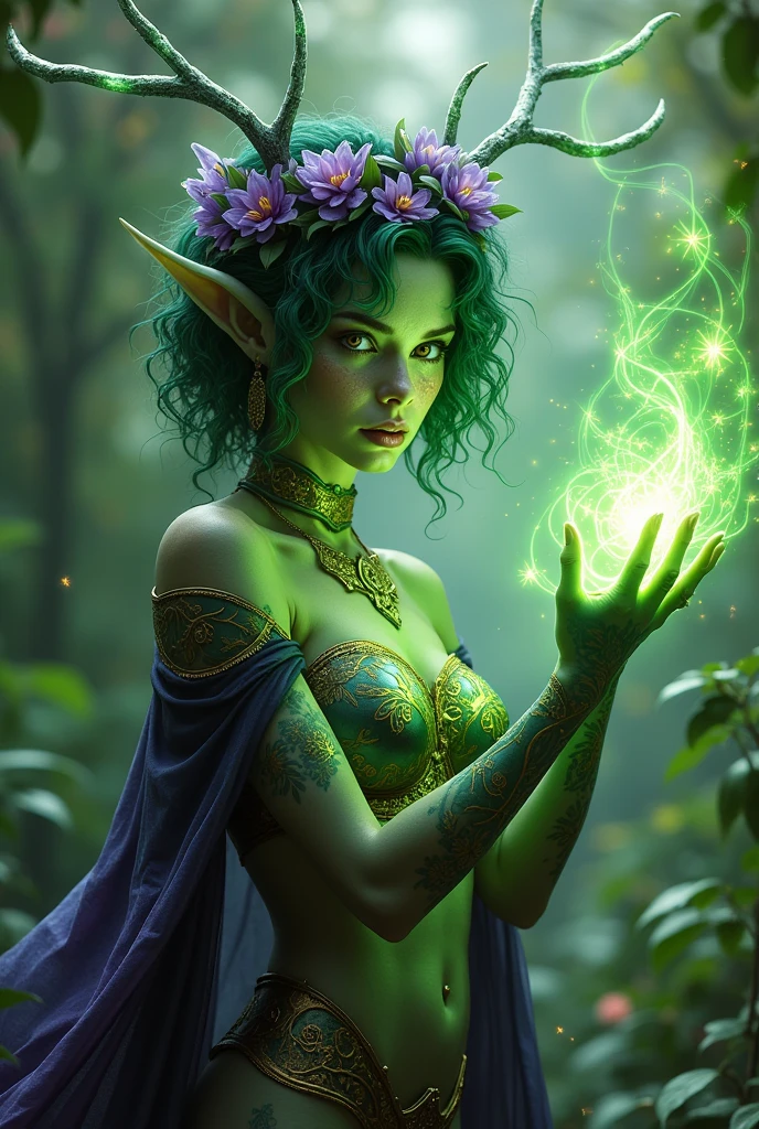 Jungle like environment. A young Plant woman with a deep green skin tone & a set of B-cup breast. She short has leaf green curly hair & is wearing a short revealing yet modest mythical flowing Black & Purple cloak with Golden Floral designs & an otherworldly Purple flower wreath on her head. She has Serious gaze in her Starlike Golden eyes & a heavy freckled form. She has long transparent crystal blue antlers radiating Floral energy & a set of quaint elven ears. She has long golden vine like tattoos glowing with Celestial energy running all around her body. She has a small cute nose She is seen in a battle stance summoning verdant green Starlight magic from her fingertips