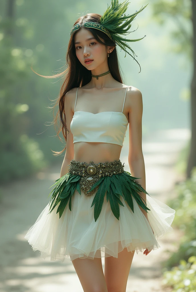 dressed in a short white thigh-length skirt, with a belt made of small dark green feathers , white sleeveless cropped top with an accessory made up of feathers in different shades of dark green, ranging from a deep green to slightly lighter tones, creating a shadow and depth effect used on the side of the head, held by a band that wraps around the forehead.