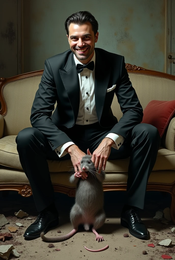 Tuxedo least black smirking while choking a dead rat, Sitting on a couch in a messy old house 