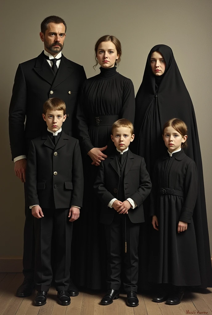Nicholas II. of Russia with his wife Alexandra Feodorovna & her four daughters Olga, Tatjana, Mary, anastasia & Her only son Alexei in clothes mourns in the 1918