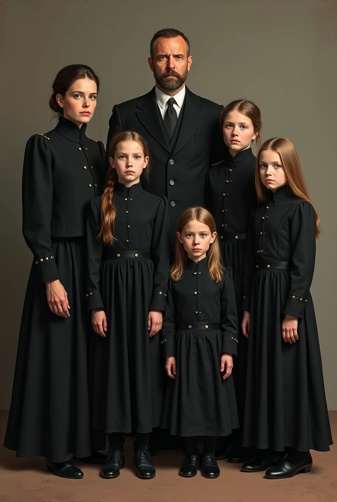 Nicholas II. of Russia with his wife Alexandra Feodorovna & her four daughters Olga, Tatjana, Mary, anastasia & Her only son Alexei in clothes mourns in the 1918