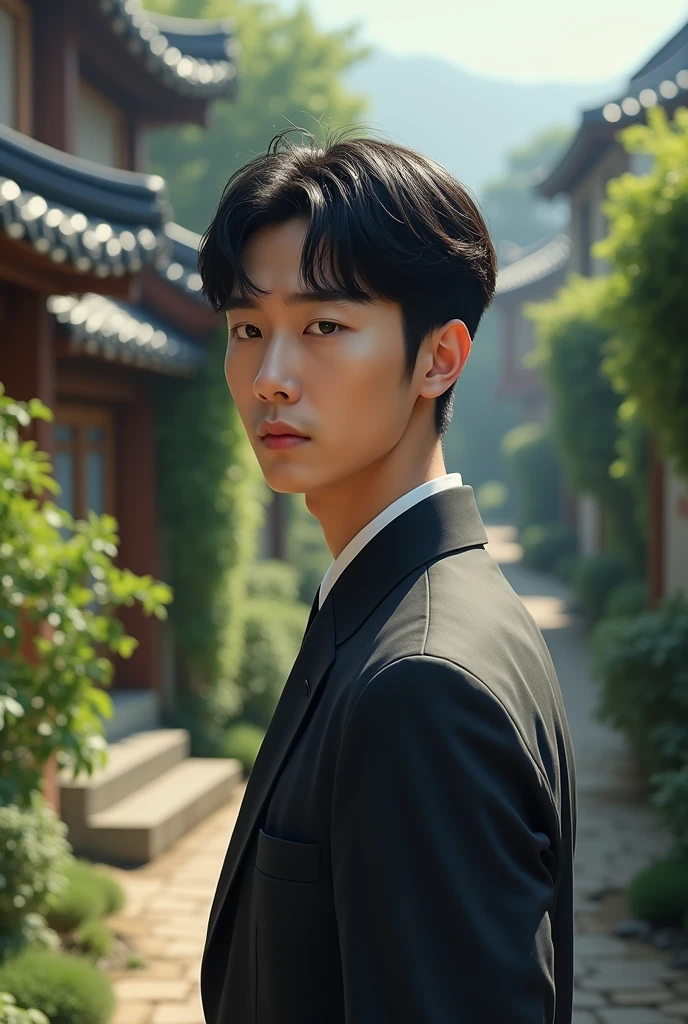 I am man slim body in black hair Korean silfie In village realistic