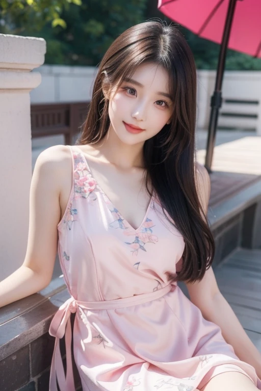 araffe gitl in a pink dress sitting on a ledge, wearing pink floral gown, xintong chen, Gorgeous young Korean girl, ulzzangs, gorgeous chinese models, beautiful Korean women, Beautiful young Korean woman, Wearing a pink dress, Pink dress, wearing a pink dress, yanjun cheng, Shin Jinying, cute beautiful, beautiful pretty young pretty eyes with smile face white skin long hair girl age cut poses girl 8k quality