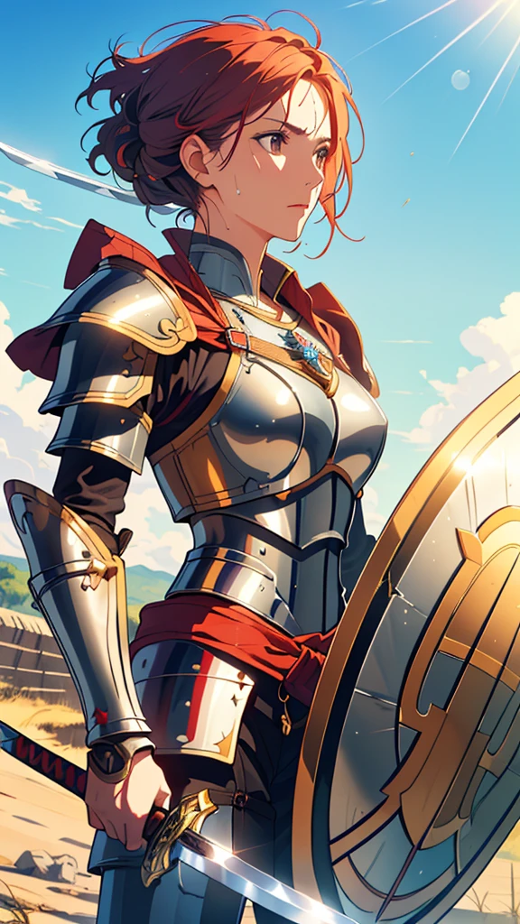 ((((masterpiece, Highest quality, High resolution)))), Extremely detailed 8K, 1 female, Wearing armor like a warrior, (Ultra HD, Very detailed, Very detailed, Very realistic, Ultra-realistic, Photo Real), (One person:1.5), (Realistic red hair), (Dynamic pose), To the camera, View your viewers, (Serious and calm face), (Normal black eyes, Sharp eyes), (Firm breasts:1.2), (Beautifully detailed face, Beautiful attention to detail), ((Armor damaged)), (Preparing for Battle), Sweat, Shine, (Sunbeam, sunlight), ((Cowboy Shot)), Battlefield Background, Fascinating, EnvyBetterHands LoCon,(((Holding a sword and shield、The sword is chipped、The shield is broken)))