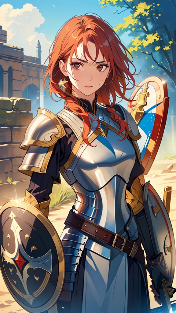 ((((masterpiece, Highest quality, High resolution)))), Extremely detailed 8K, 1 female, Wearing armor like a warrior, (Ultra HD, Very detailed, Very detailed, Very realistic, Ultra-realistic, Photo Real), (One person:1.5), (Realistic red hair), (Dynamic pose), To the camera, View your viewers, (Serious and calm face), (Normal black eyes, Sharp eyes), (Firm breasts:1.2), (Beautifully detailed face, Beautiful attention to detail), ((Armor damaged)), (Preparing for Battle), Sweat, Shine, (Sunbeam, sunlight), ((Cowboy Shot)), Battlefield Background, Fascinating, EnvyBetterHands LoCon,(((Holding a sword and shield、The sword is chipped、The shield is broken)))