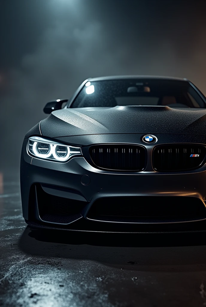 "A detailed image of a black BMW M4 CS with its headlights on, showcasing its aggressive grille and sleek lines, with a moody atmosphere