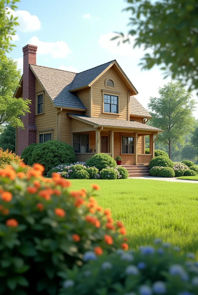 create a completely realistic image of a house with a lawn in front, leave the lawn with the bushes in evidence