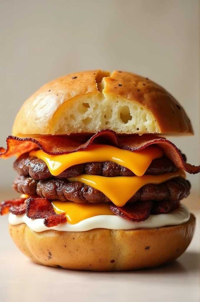 I created an image of a baked potato in the shape of a hamburger, It must be cut in half and the filling inside must have a lot of cheese., white sauce, bacon and shredded ribs.