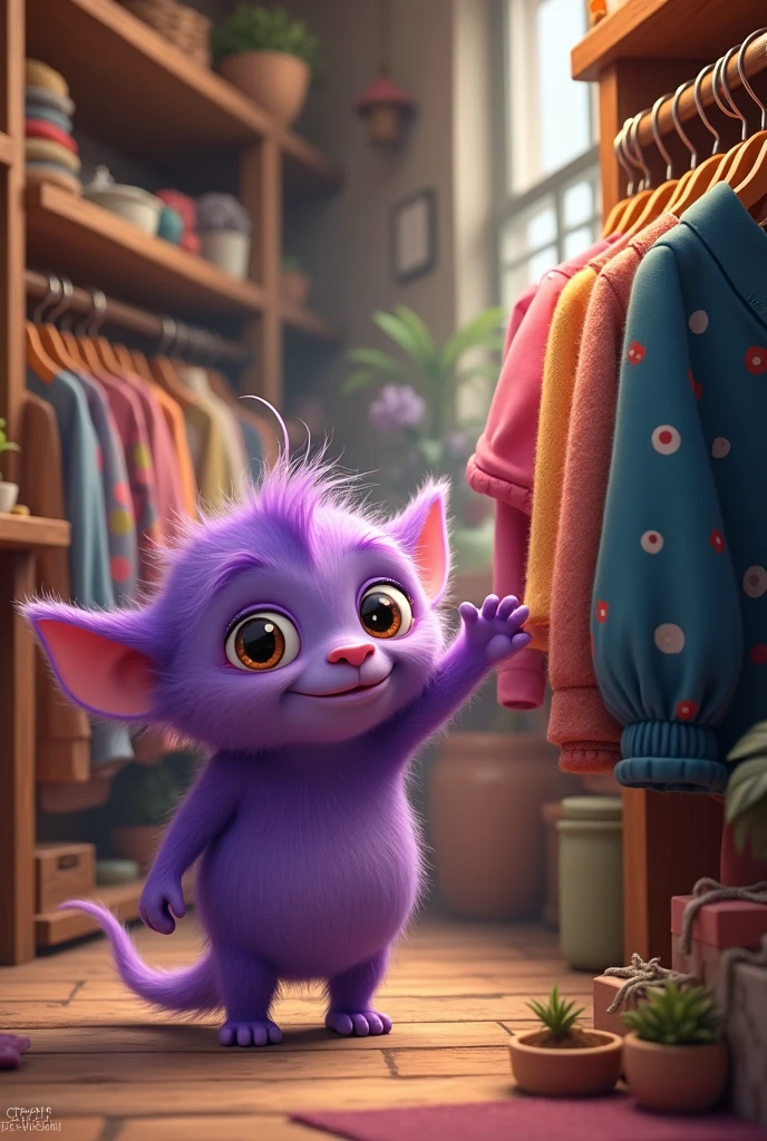 ￼The little purple monster looks at the handmade clothes in the store