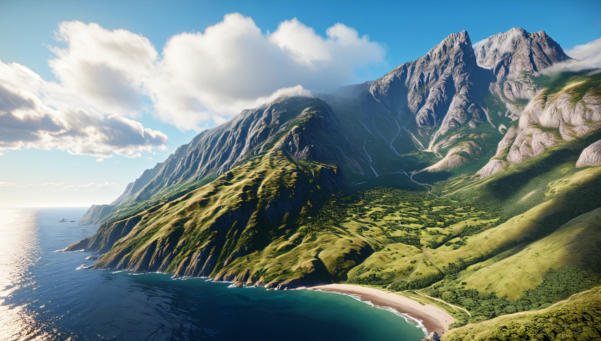 a beautiful detailed landscape of a tall mountain covered in lush greenery on the west coast,masterpiece,ultra-detailed,realistic,photorealistic,photo-realistic:1.37,realistic lighting,unreal engine 4k wallpaper,unreal engine 5 summer,beautiful landscape rendering,mountain ranges and ocean,8k unreal engine rendering,the most beautiful scenery,epic and awe-inspiring