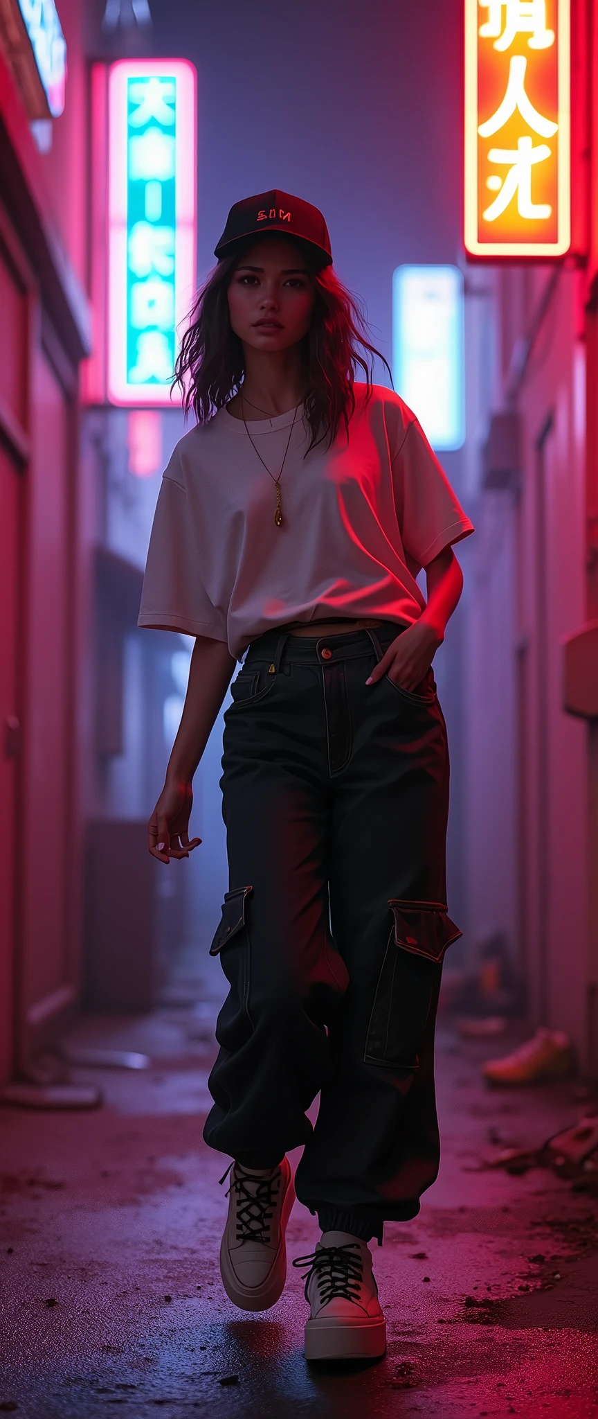 1990s , 1 dynamic female, 90s streetstyle hiphop fashion, baggy thick edgy loose clothing, Melbourne shuffle jumping shuffling footwork , expressive pose, urban allyway environment, neon lights, cinematic lighting,, extremely detailed, photorealistic, 8k, film grain, dynamic composition, high quality, masterpiece